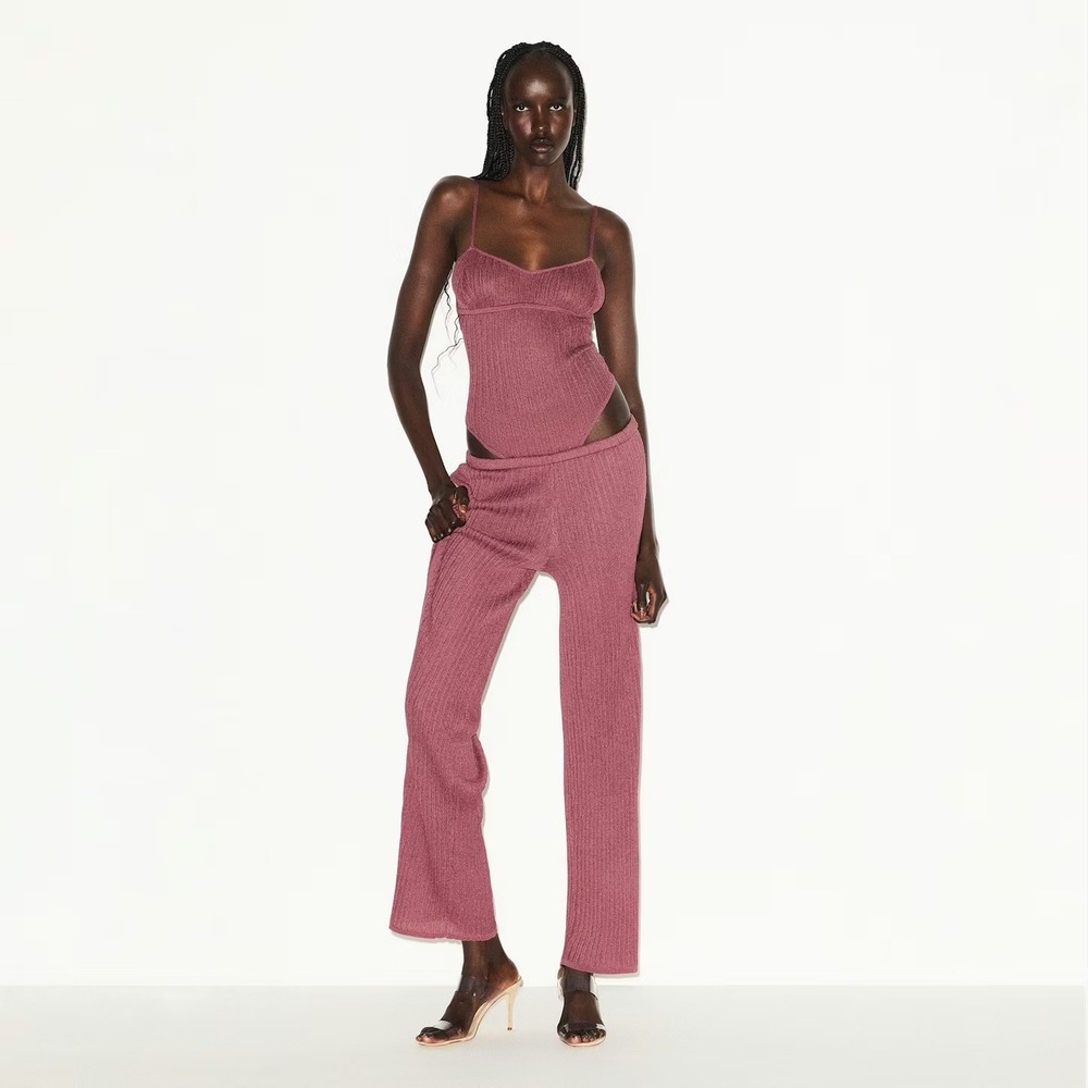 SKIMS Sheer Ribbed Knit Straight Leg‎ Pants in Pink Beet Women's Size Medium